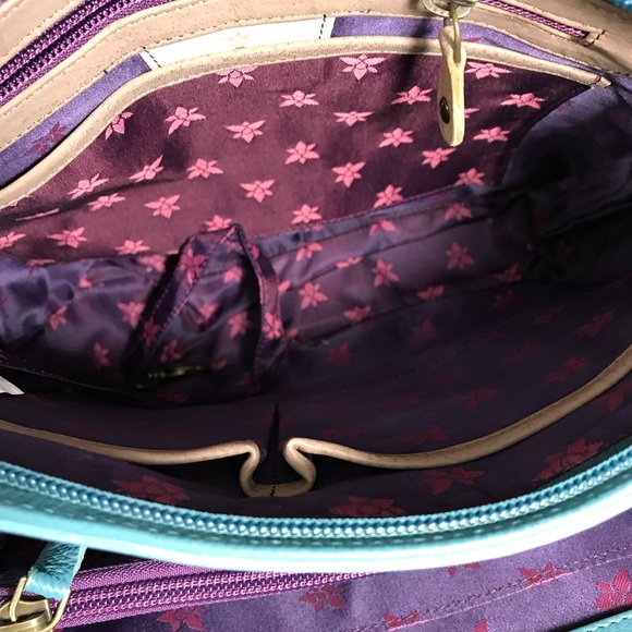Anuschka Hand Painted Teal and Pink Floral Leather Crossbody Organizer Bag NWT - Picture 6 of 8